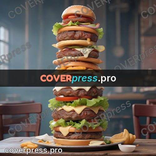 3d character illustration: tower of burgers on a table