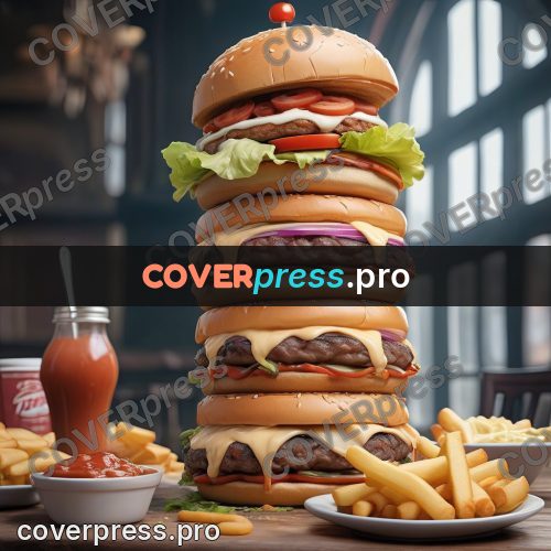 3d character illustration: tower of burgers on a table