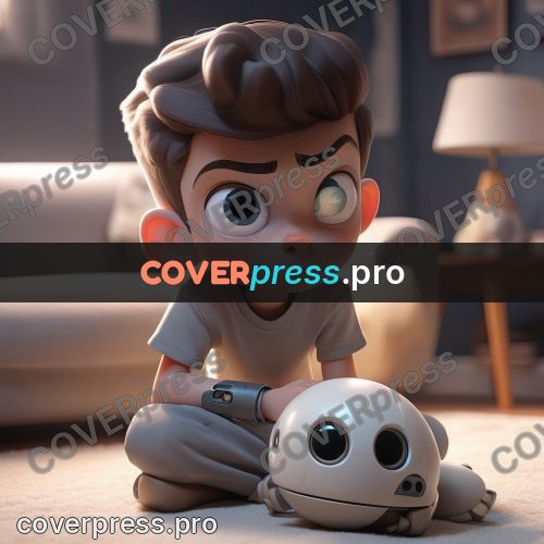 3d character illustration: boy with a robot puppy