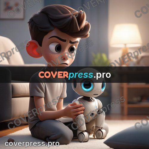 3d character illustration: boy with a robot puppy