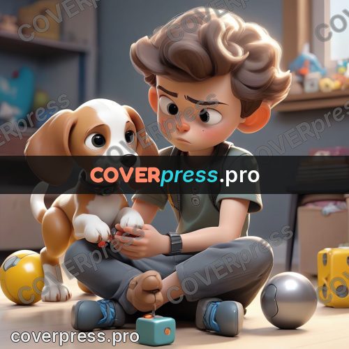 3d character illustration: boy with a toy dog