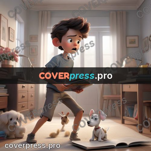 3d character illustration: boy with a book and puppy