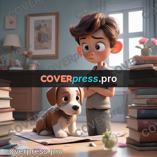 3d character illustration: boy with a book and puppy