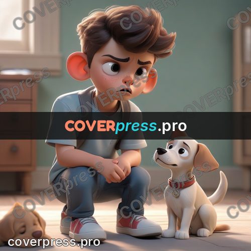 3d character illustration: boy crouching beside a dog