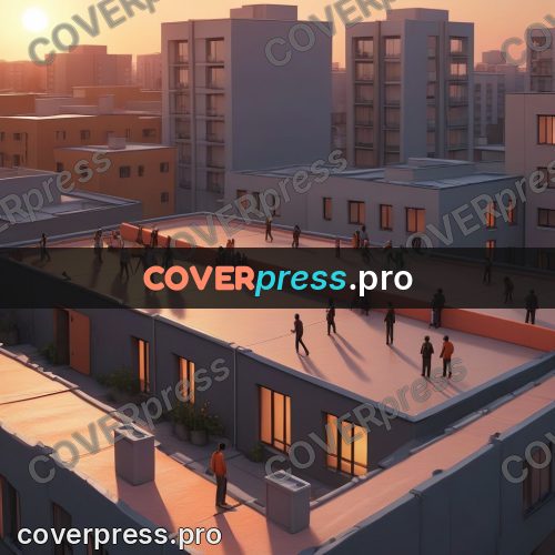 3d character illustration: rooftops at sunset