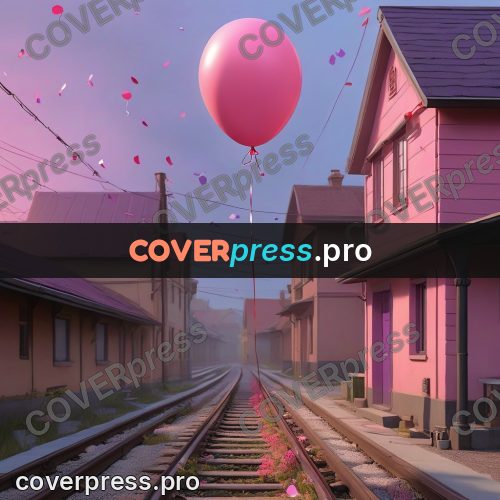 3d character illustration: balloons above rails and houses