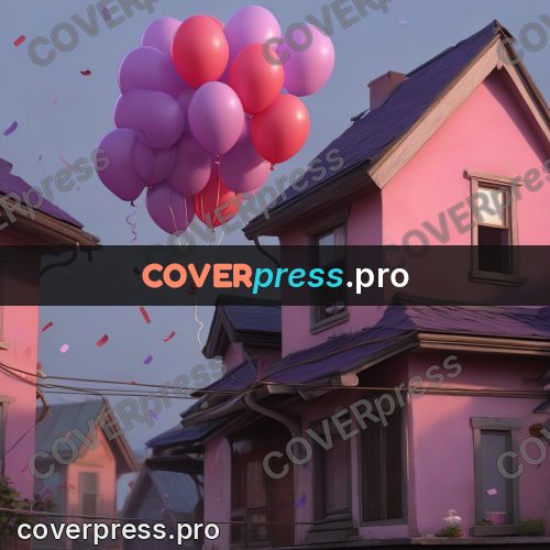3d character illustration: balloons above rails and houses