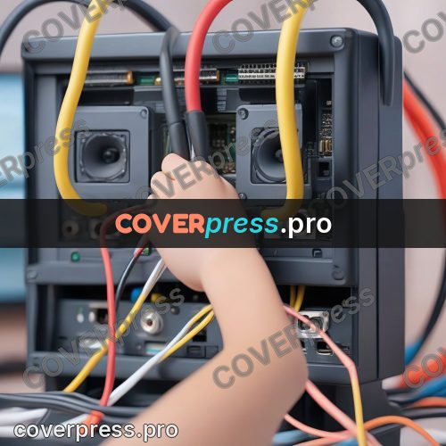 3d character illustration: hands and cables at a computer