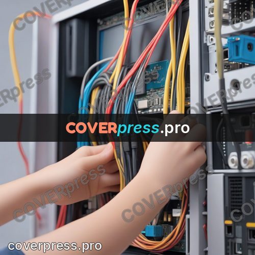 3d character illustration: hands and cables at a computer