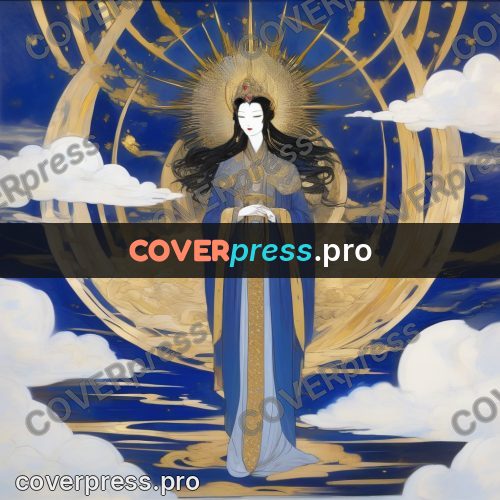 Amano style painting: woman in robes with a halo