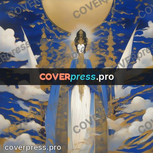 Amano style painting: woman in robes with a halo