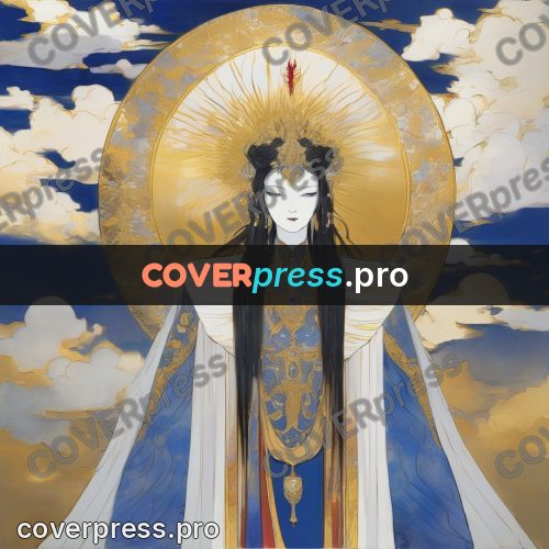 Amano style painting: woman in robes with a halo