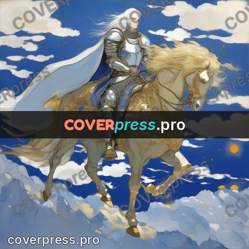 Amano style painting: knight on horseback in clouds