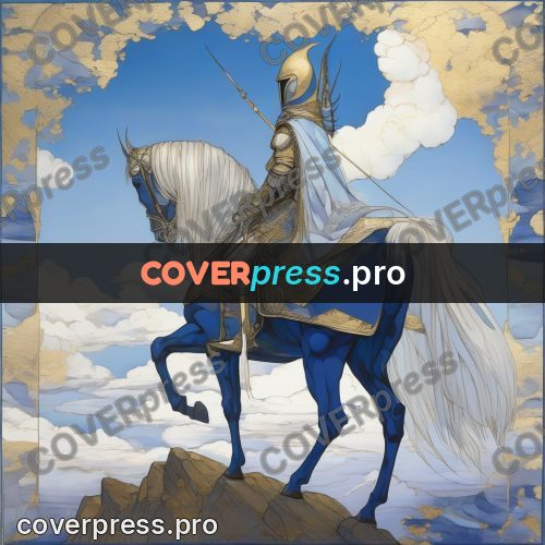 Amano style painting: knight on horseback in clouds