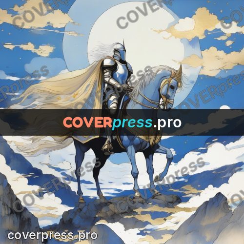 Amano style painting: knight on horseback in clouds