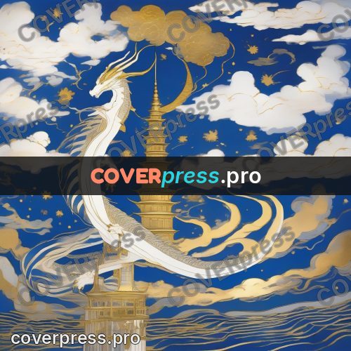 Amano style painting: white dragon around a tower