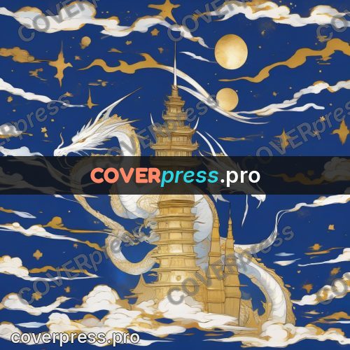 Amano style painting: white dragon around a tower