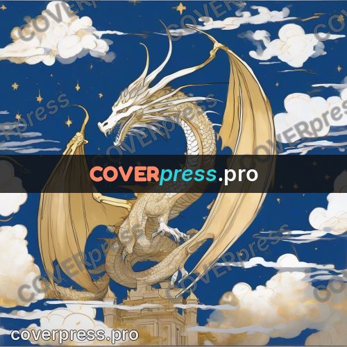 Amano style painting: white dragon around a tower