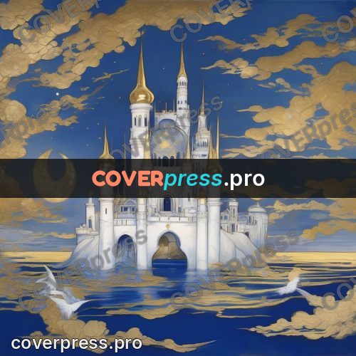 Amano style painting: white castle among clouds
