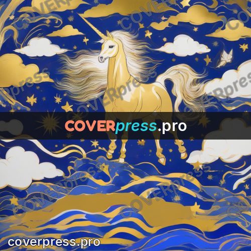 Amano style painting: unicorn among the clouds