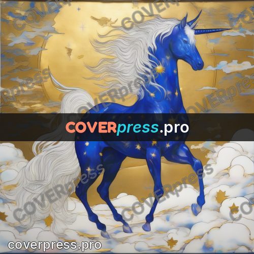 Amano style painting: unicorn among the clouds