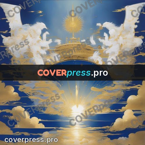 Amano style painting: golden clouds in a blue sky