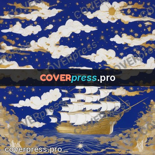 Amano style painting: golden clouds in a blue sky
