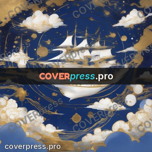 Amano style painting: golden clouds in a blue sky