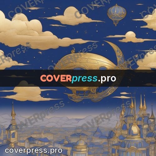 Amano style painting: airship above a golden city