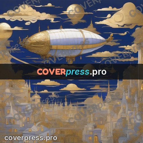 Amano style painting: airship above a golden city
