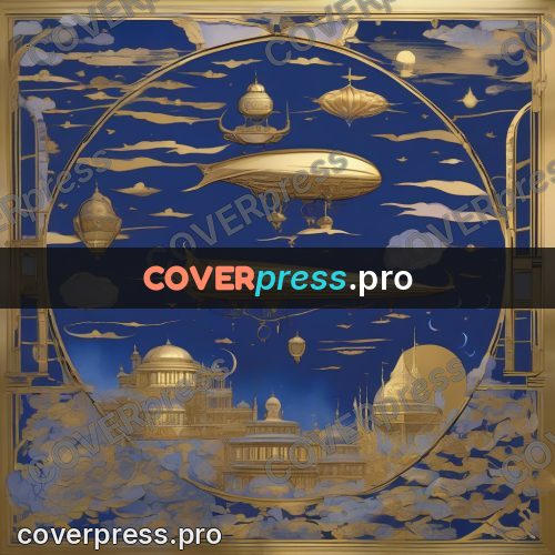 Amano style painting: airship above a golden city