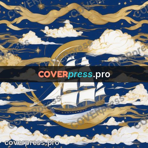 Amano style painting: ship under a golden moon