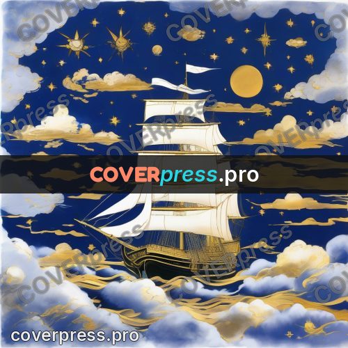 Amano style painting: ship under a golden moon
