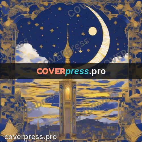 Amano style painting: tower under a golden crescent