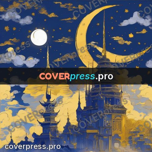 Amano style painting: tower under a golden crescent