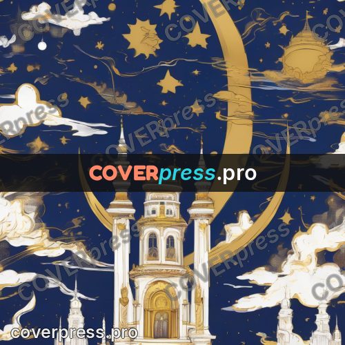 Amano style painting: tower under a golden crescent
