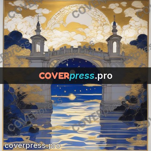 Amano style painting: golden bridge above the water