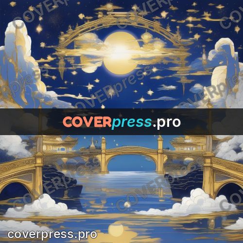 Amano style painting: golden bridge above the water