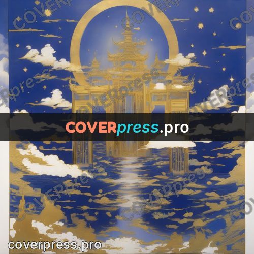Amano style painting: golden gates among the clouds