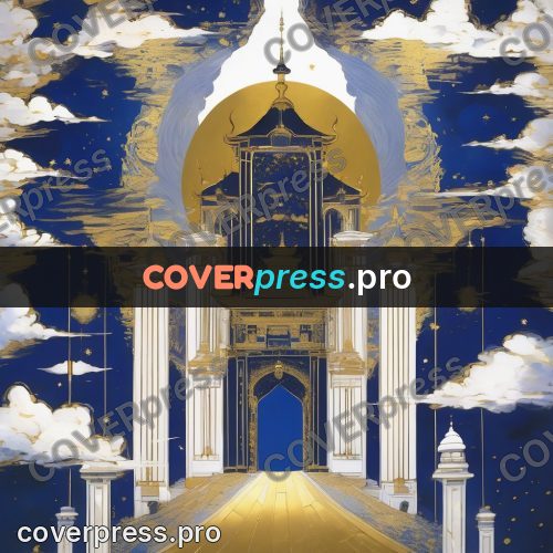 Amano style painting: golden gates among the clouds