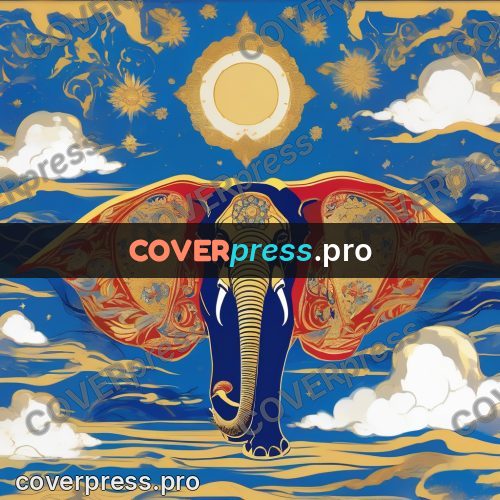Amano style painting: blue elephant in ceremonial cloth
