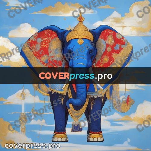 Amano style painting: blue elephant in ceremonial cloth