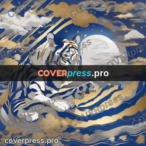 Amano style painting: white tiger among clouds