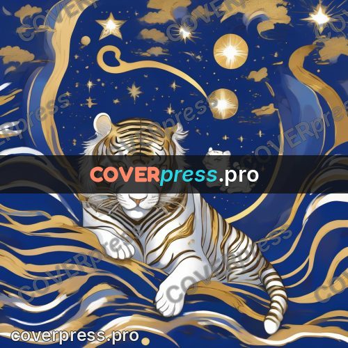 Amano style painting: white tiger among clouds