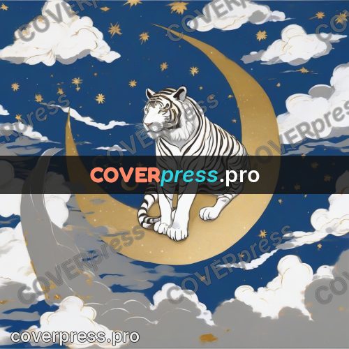 Amano style painting: white tiger among clouds