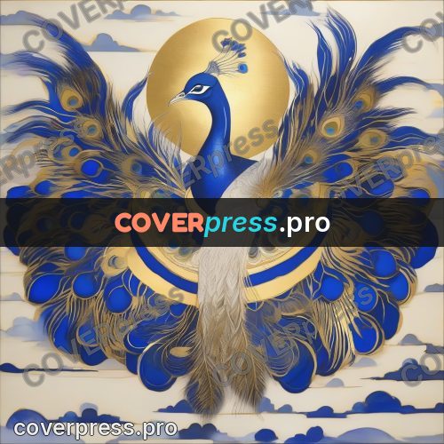 Amano style painting: peacock with its tail spread