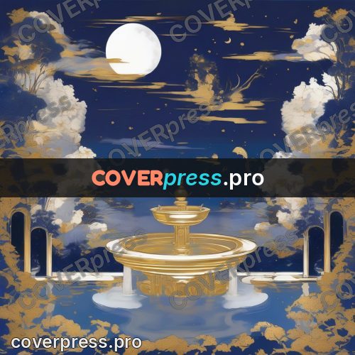Amano style painting: fountain in a night garden