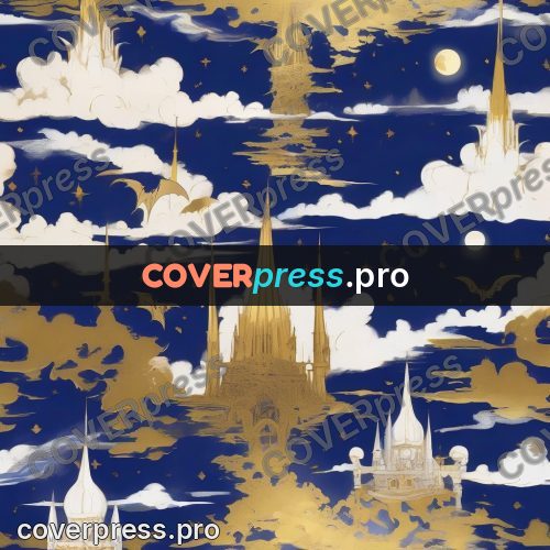 Amano style painting: castle with spires under the moon