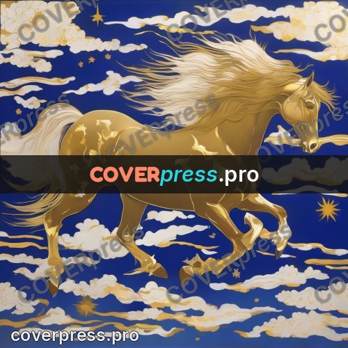 Amano style painting: horse running among clouds