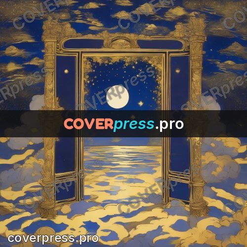 Amano style painting: golden frame among the clouds